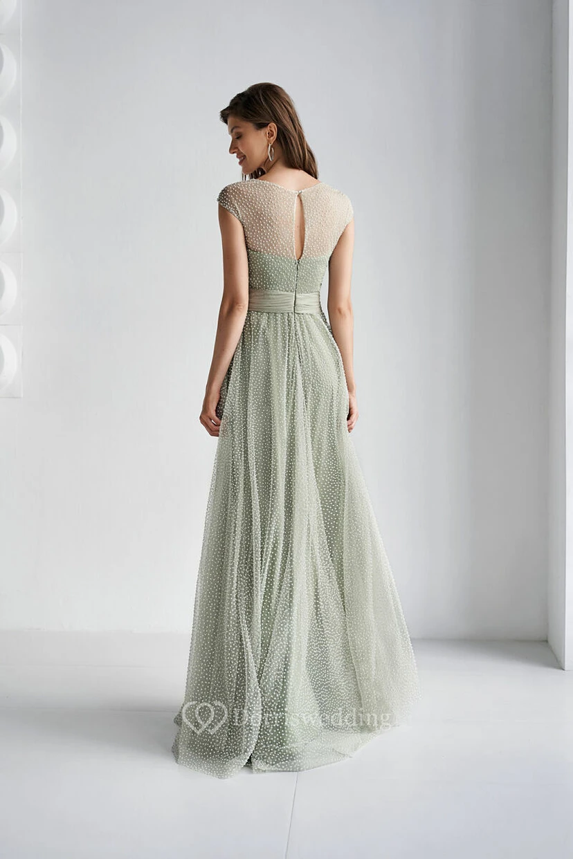 Green Cap Ethereal Floor-length Dress with Beaded Overlay view 3