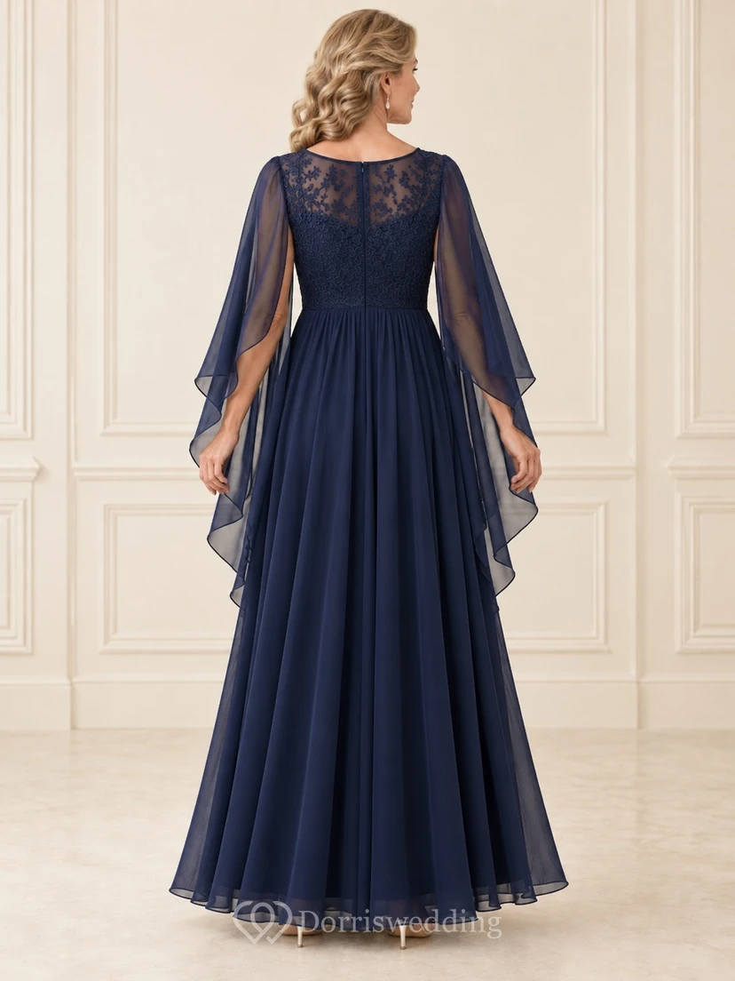 Vestido de novia azul marino de corte imperio, línea A, largo hasta el suelo, de gasa de encaje con mangas tipo capa. view 2