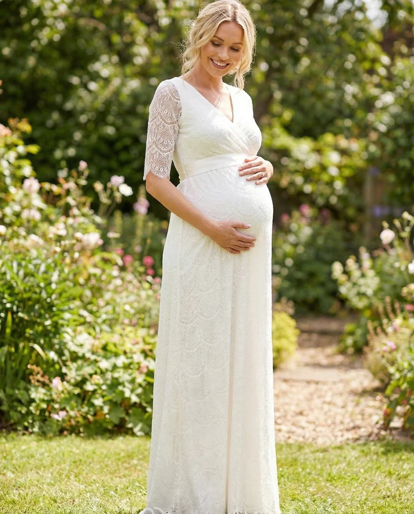 White Lace V Neck Maternity Wedding Dress with Half Sleeves
