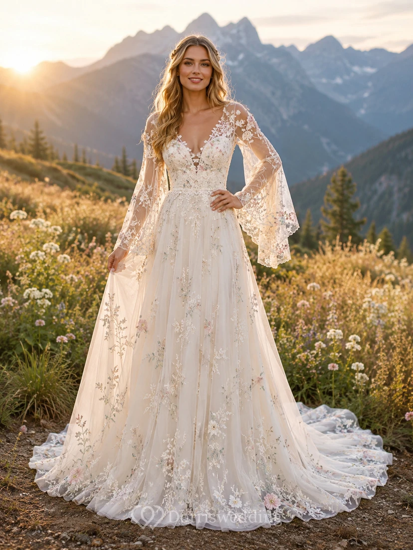 Vestido de novia bohemio de encaje con mangas acampanadas y corte en A, estilo pradera de montaña.