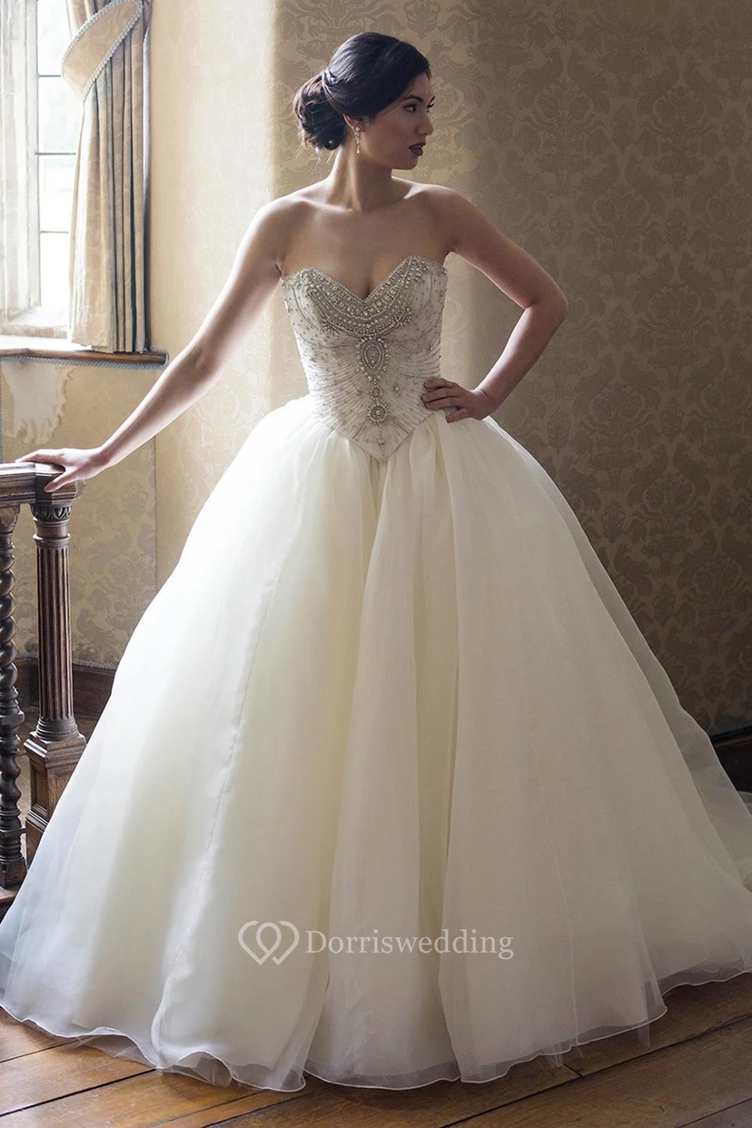 Ball Gown Sweetheart Organza Wedding Dress With Crystal Detailing And Lace Up