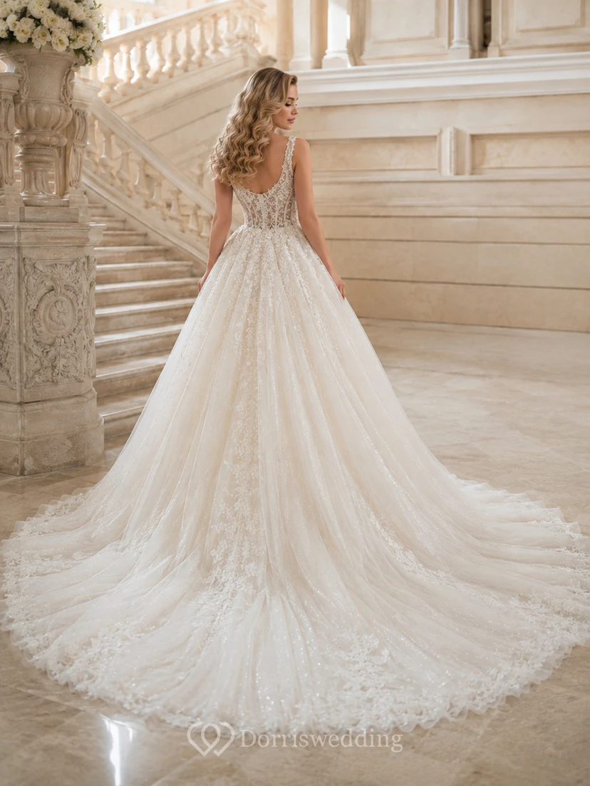 Robe de bal en dentelle immaculée et tulle, bretelles cœur, sans manches, traîne cathédrale, applications florales, robe de mariée de salle de bal view 2