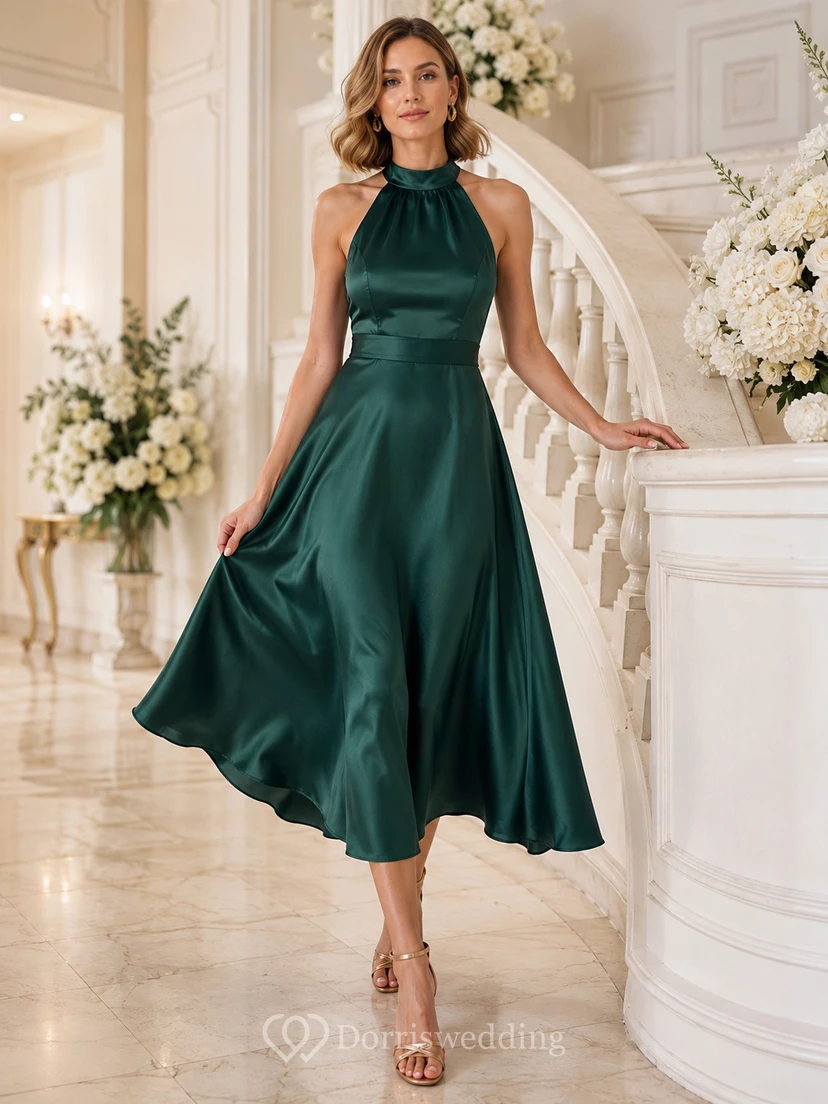 Dark Green Halter Satin A-Line Tea-Length Black-Tie Wedding Guest Dress