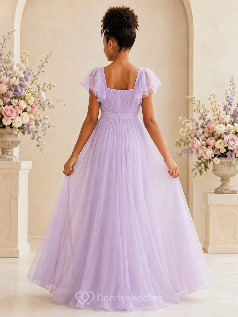 Zartrosa Brautjungfernkleid für junge Damen, A-Linie, eckige kurze Ärmel, Tüll, gestuft, romantisch, formell view 2