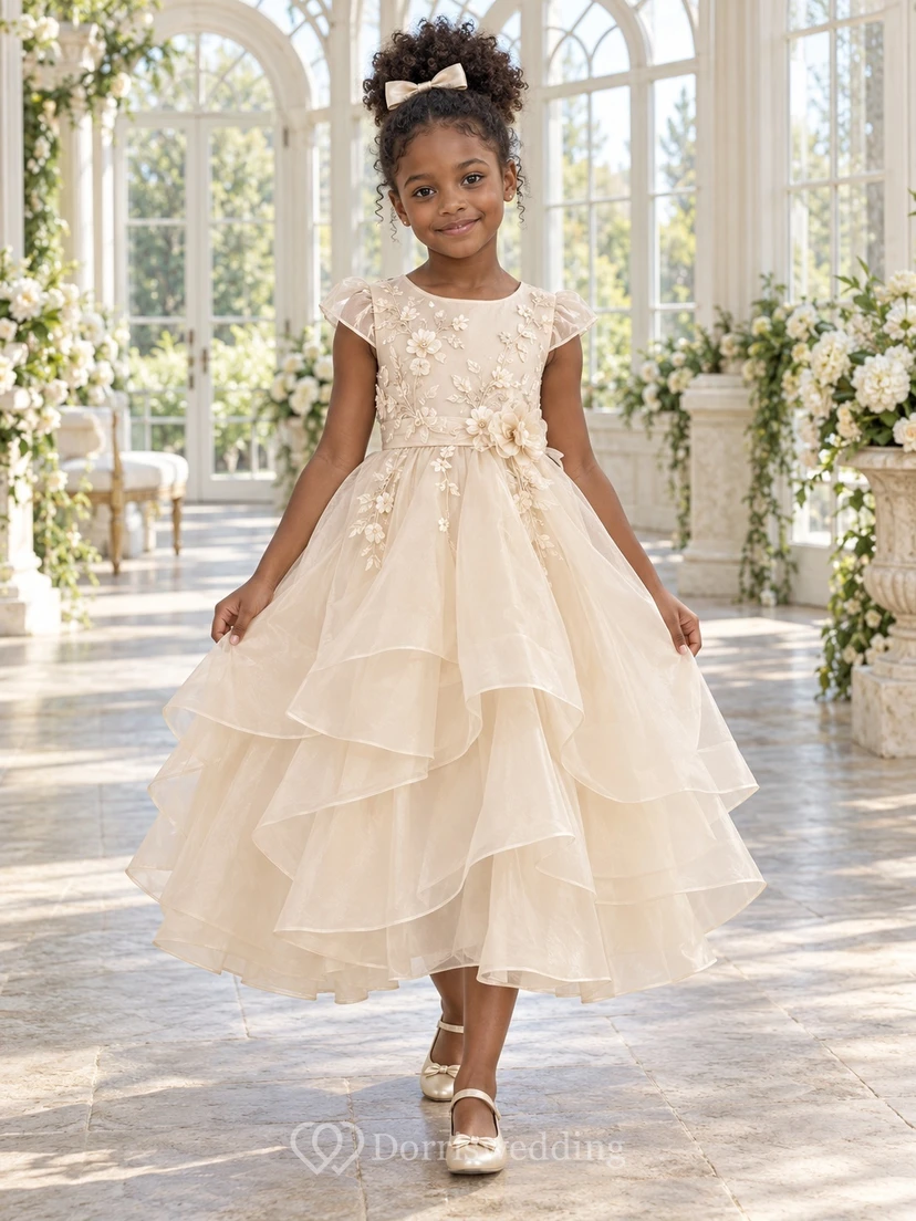 Tea-length Ivory Floral A-line Organza Cap-sleeve Appliqued Layered Flower Girl Dress