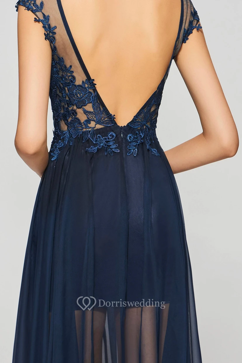 A-line Sexy Split Front Bateau Chiffon Gown With Lace Appliques And Deep V-back view 5