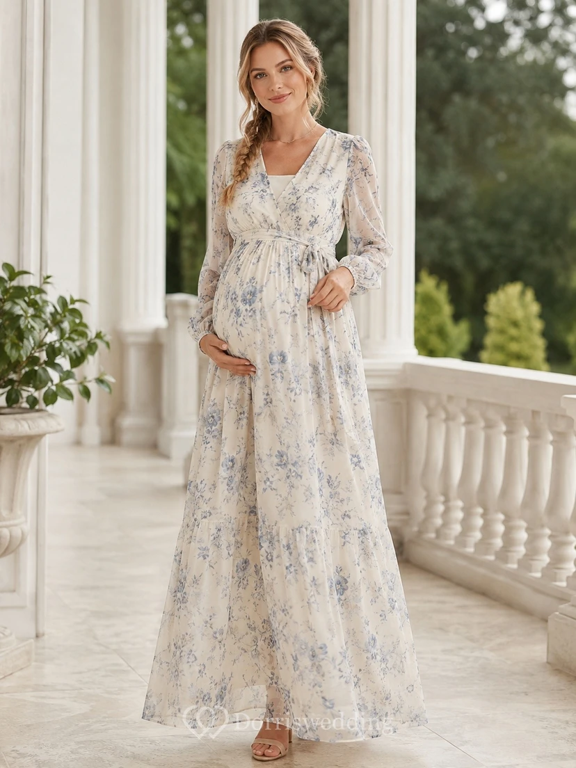 Floral Maternity V-Neck Three-Quarter-Sleeve Chiffon Empire Maxi Dress
