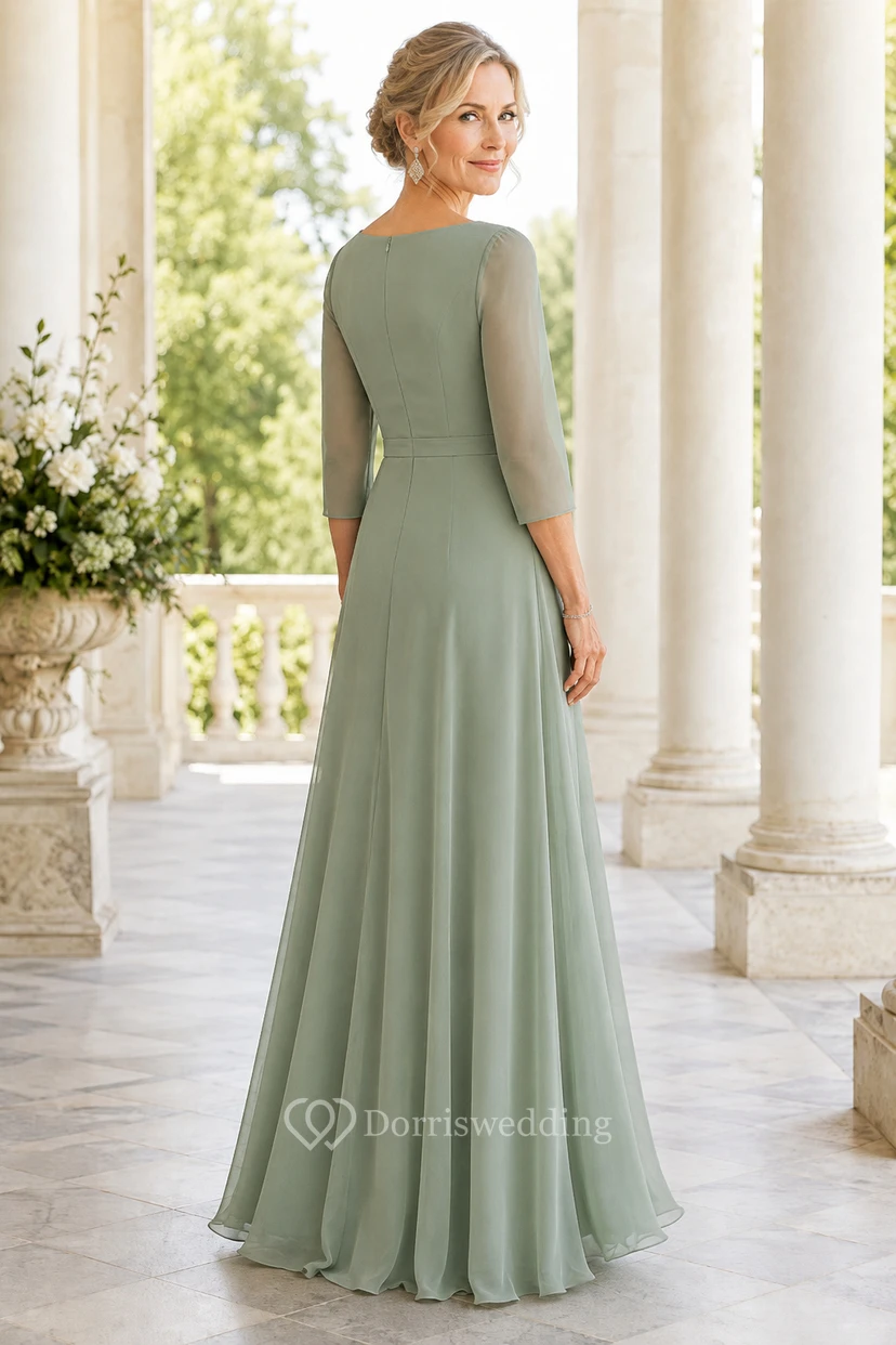 Salbeigrünes Chiffon-Kleid in A-Linie mit Rüschen und Rundhalsausschnitt – perfekt für Mütter. view 2