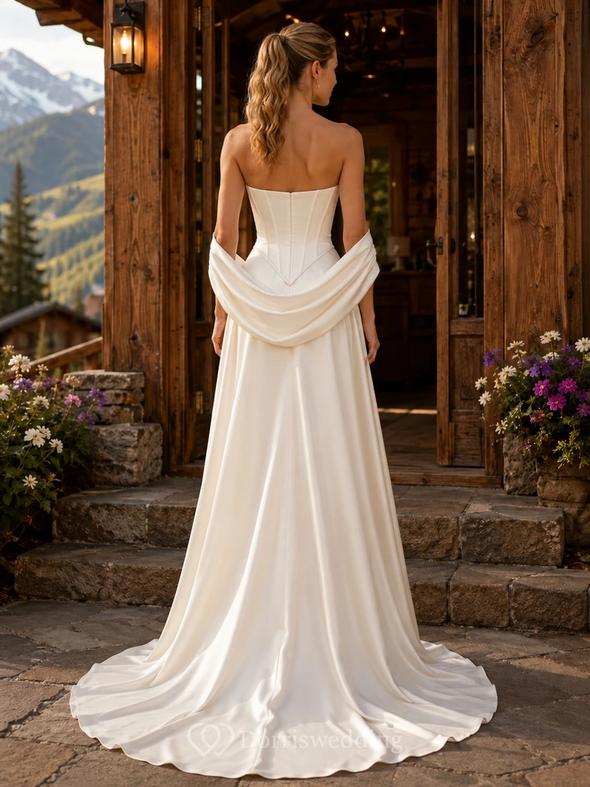 Vestido de novia de satén sin tirantes estilo vasco para fugarse a una cabaña de montaña. view 2