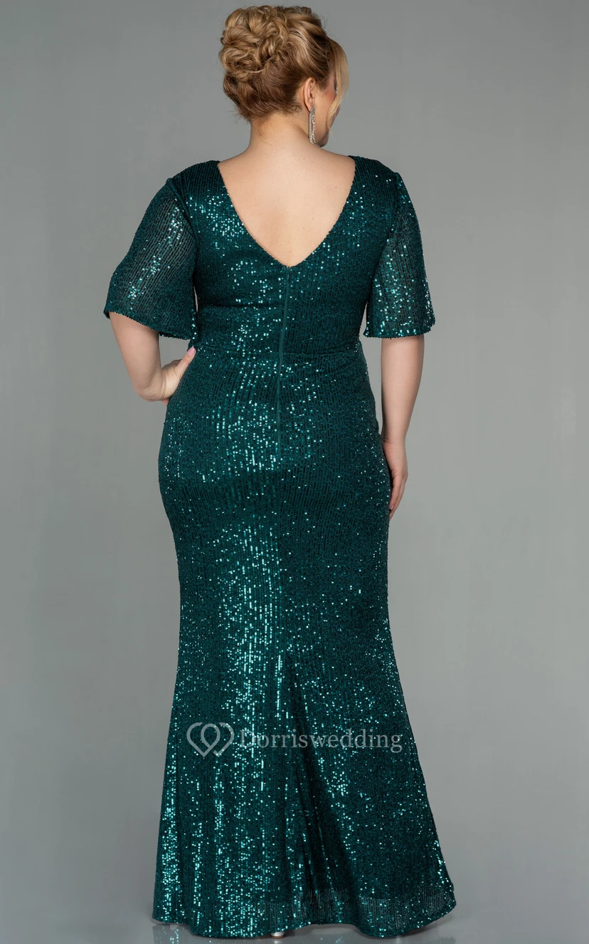 Poet-sleeve Empire Front Split Ruched Plus Size Mother of Bride Dress view 8
