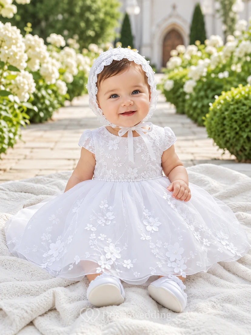Taufkleid für Babys und die Taufzeremonie, A-Linie, Teelänge, Rundhalsausschnitt, kurze Ärmel, Tüllspitze, Knopfleiste am Rücken, Spitzenoberteil