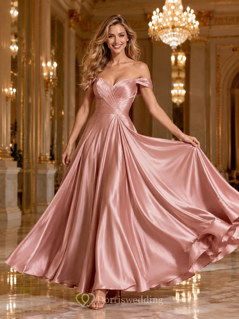Glamuroso vestido de fiesta largo de satén rosa empolvado con escote Bardot.