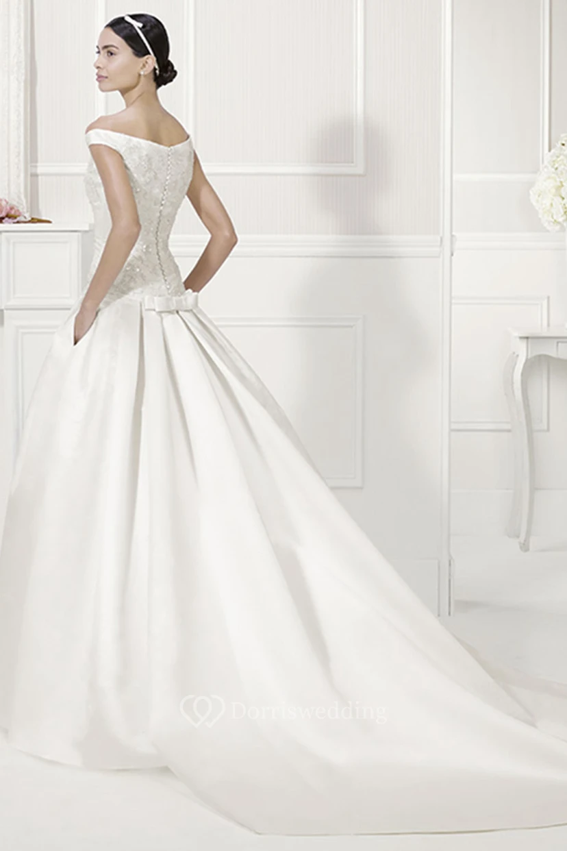 Off Shoulder Drop Waist Satin Bridal Ball Gown With Bow Sash view 2