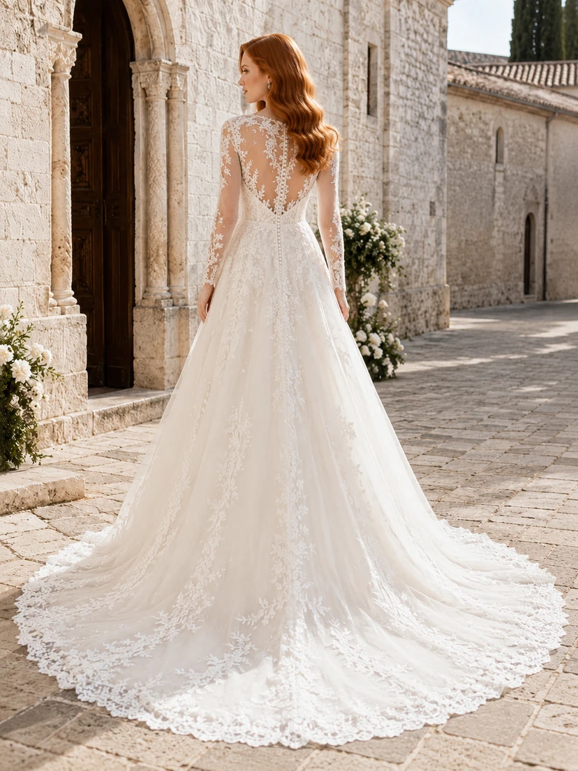Klassisches langärmeliges Brautkleid aus Spitze in A-Linie mit Kapellenschleppe view 2