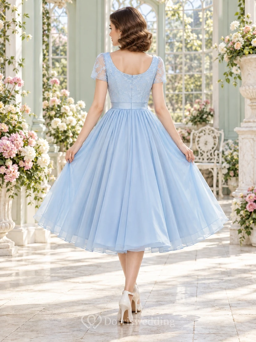 1960s Sky Blue Scoop Neck Lace Sleeve Tulle Prom Dress view 2