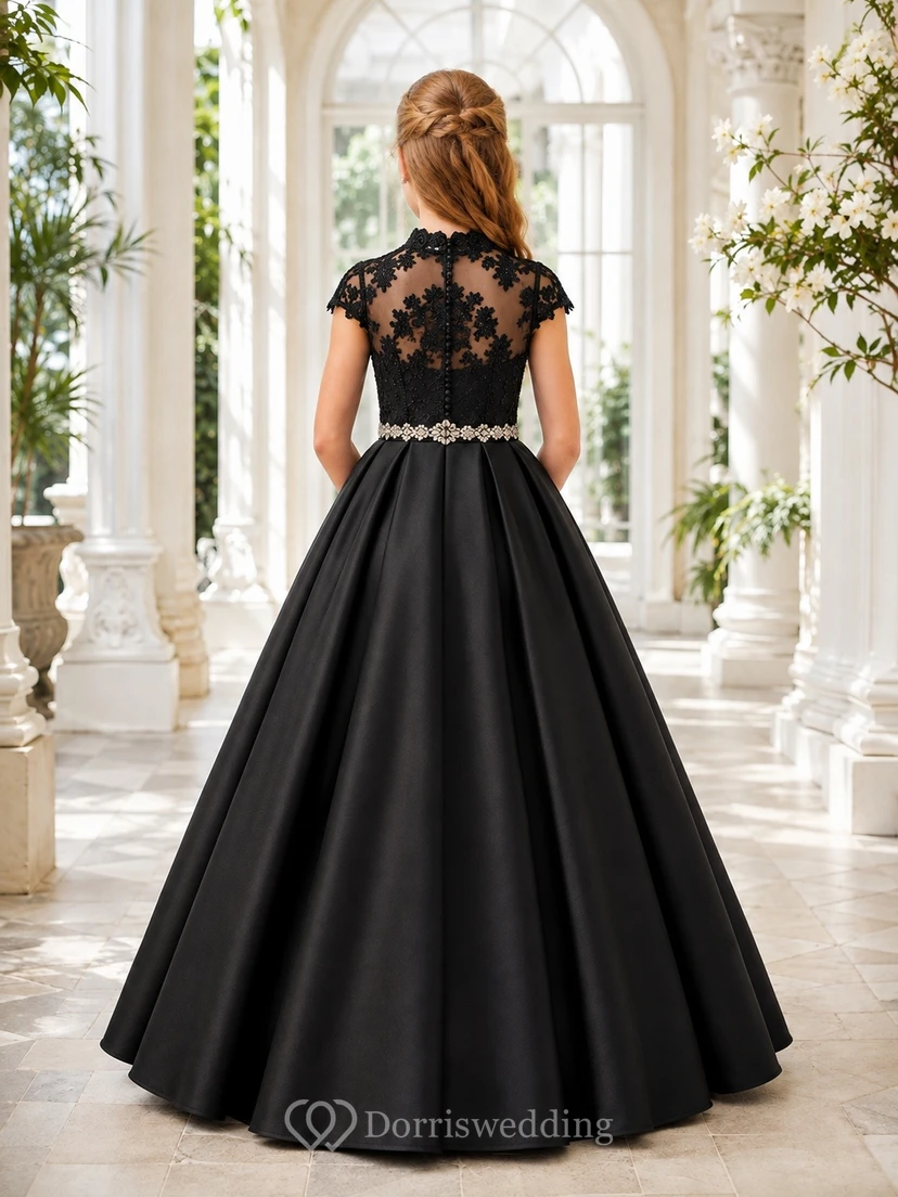 Black Lace Cap Sleeve Satin A-Line Crystal Flowergirl Dress view 2