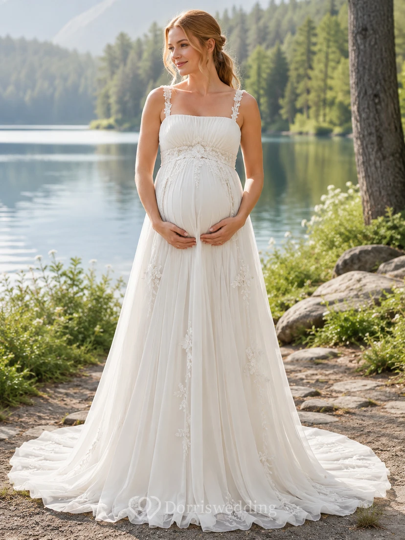 Umstandsbrautkleid mit eckigem Ausschnitt, Trägern, A-Linie, Tüllkleid „Lakeside“ mit Spitzensaum