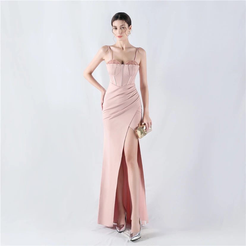 Fishbone Waist Set Crystal Diamond Satin Host Evening Dress view 32