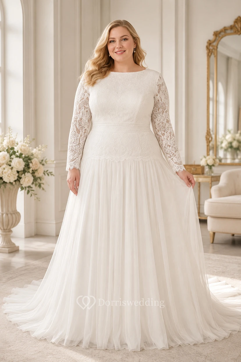 Robe de mariée modeste à manches longues et taille basse, coupe trapèze, en tulle avec superposition de dentelle et plis view 4