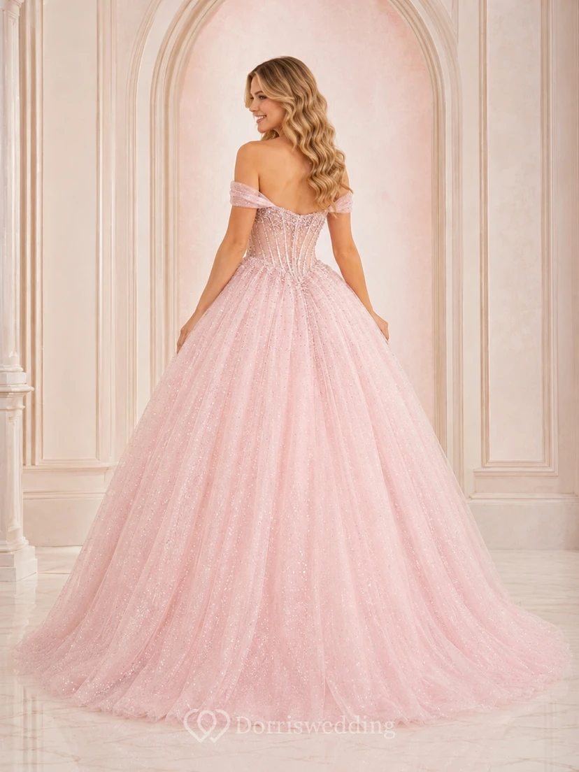 Blush Off Shoulder Sparkle Tulle Ball Gown Sweet Sixteen Prom Formal Dress view 2