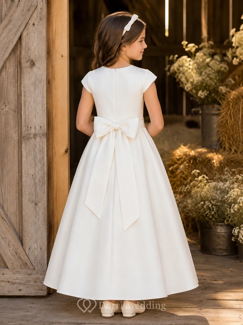 Robe de demoiselle d'honneur champêtre en satin, manches courtes, longueur cheville, coupe trapèze, avec nœud. view 2