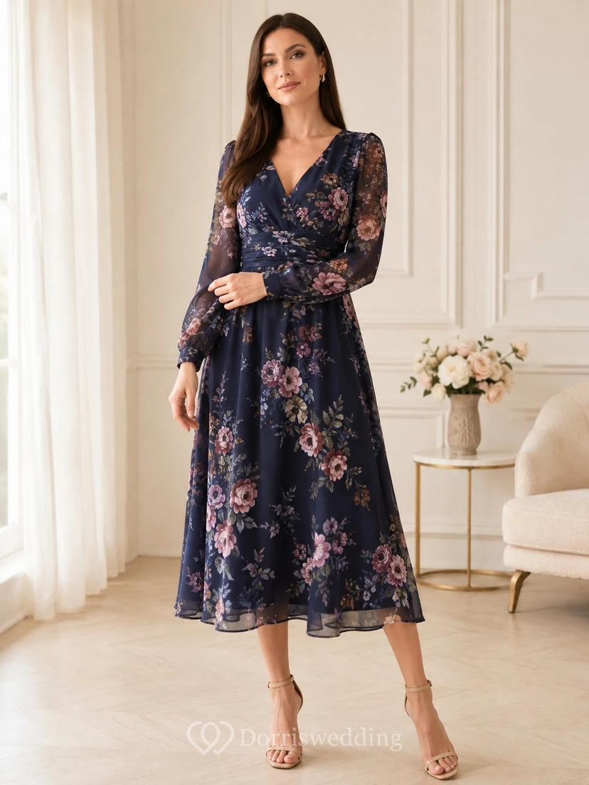 Dunkelblaues Chiffonkleid mit Blumenmuster, V-Ausschnitt, langen Ärmeln und Teelänge
