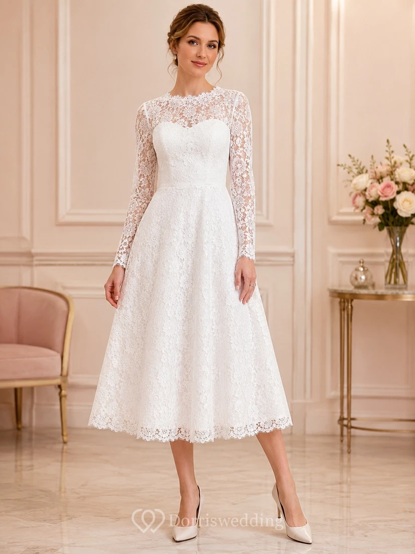 Romantic White Sweetheart Long Sleeve Lace A-Line Tea-length Formal Dress