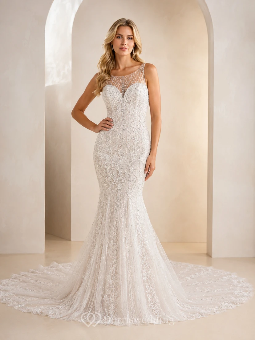 Brautkleid aus Spitze im Meerjungfrauenstil mit Trägern, Schleppe und tiefem V-Ausschnitt am Rücken