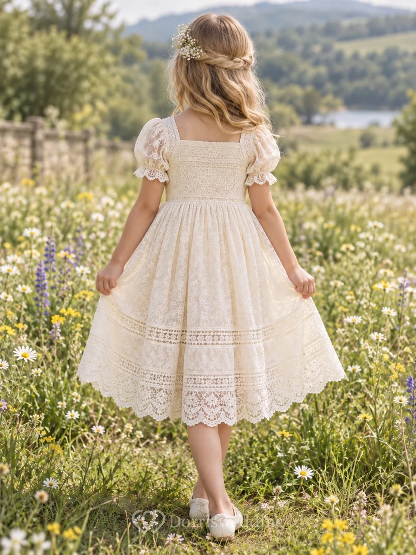 Square Neck Cream Puff Sleeve Banded Scalloped Gathered Tea-length Lace A-Line Flowergirl Dress view 2