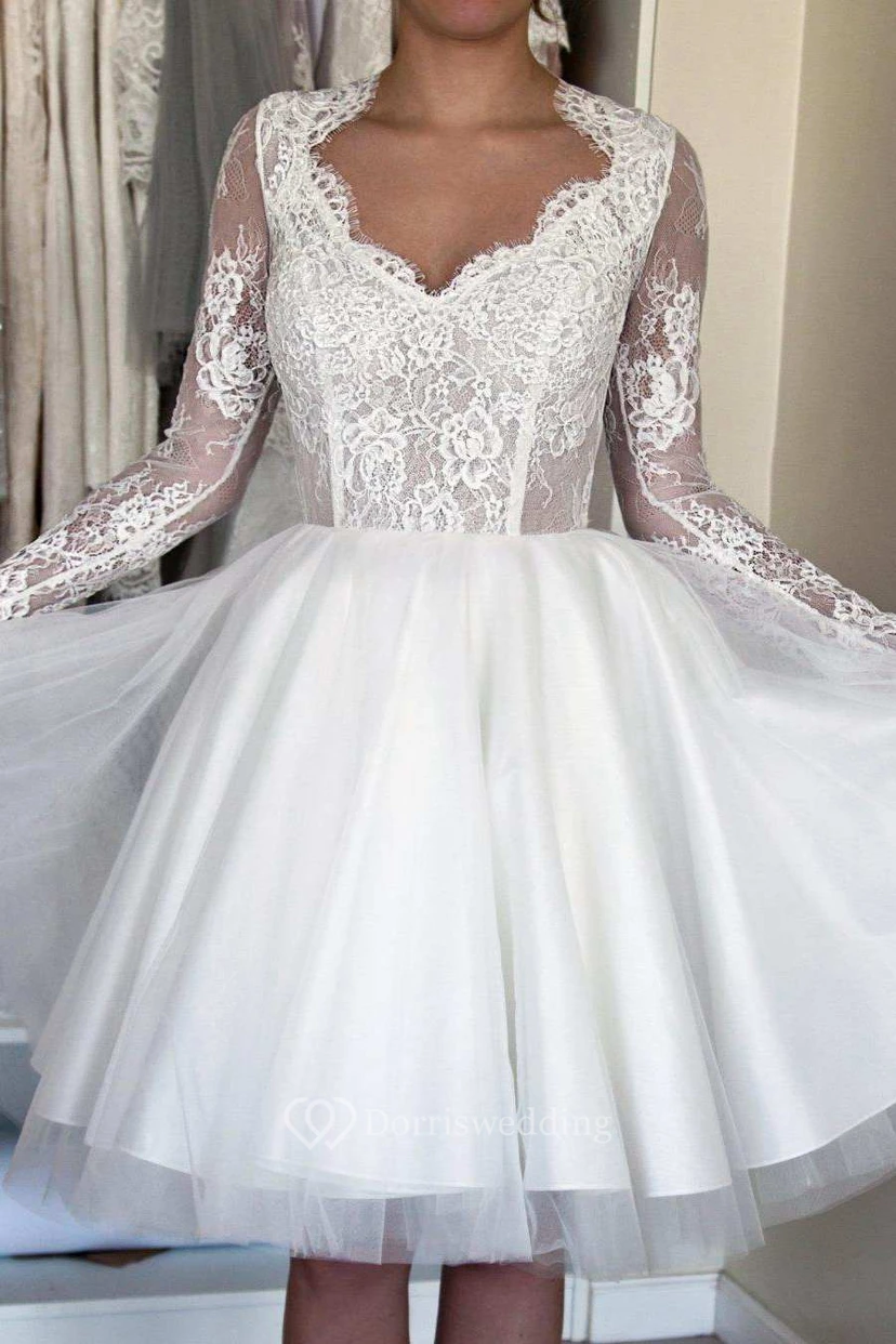 Ball Gown Short Mini Illusion Sleeve Tulle Satin Taffeta Lace Wedding Dress