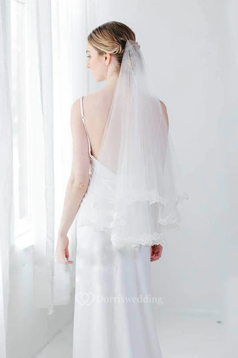 Ethereal Soft Tulle Wedding Veil with Lace Applique view 2
