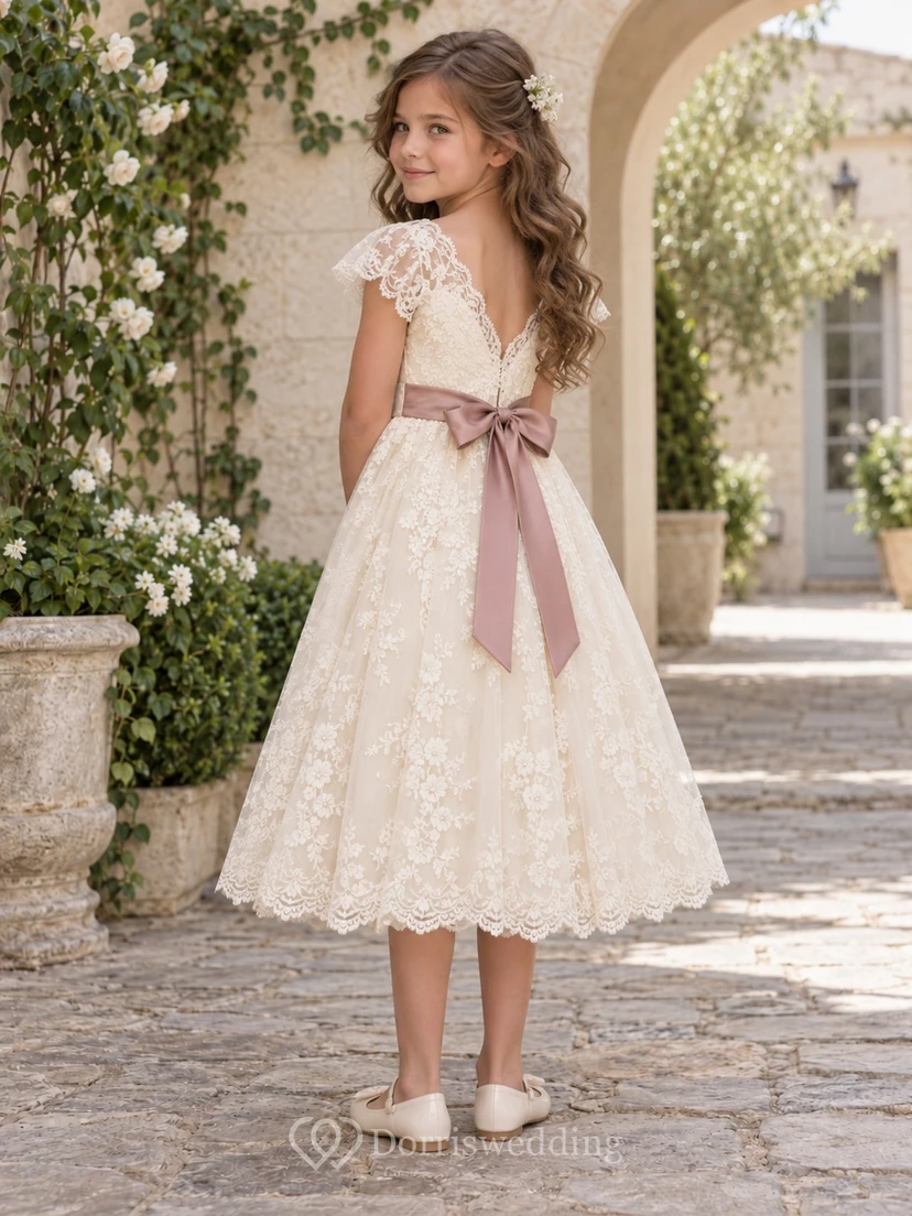 Vestido de niña de flores modesto, de corte A, color marfil, con estampado floral, encaje, mangas cortas y fajín de rosas. view 2