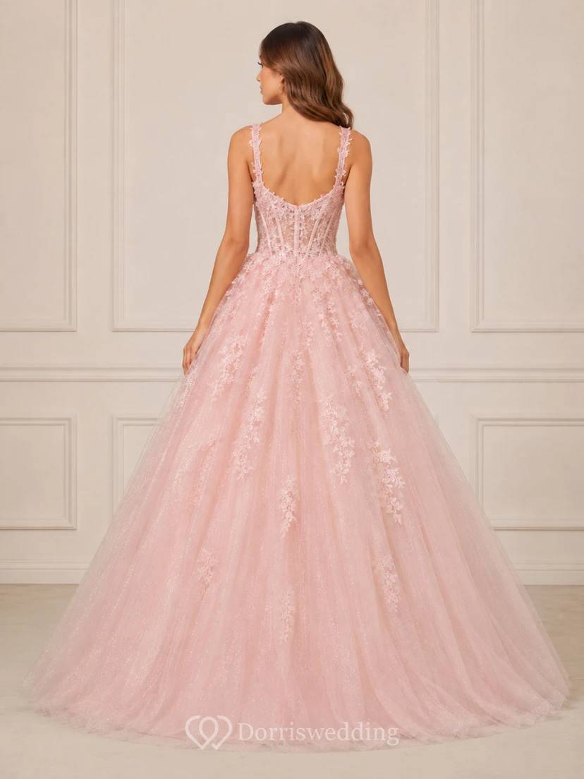 Ballkleid aus Spitze mit herzförmigem Ausschnitt, ärmellos und mit Blumenapplikationen, bodenlang view 2