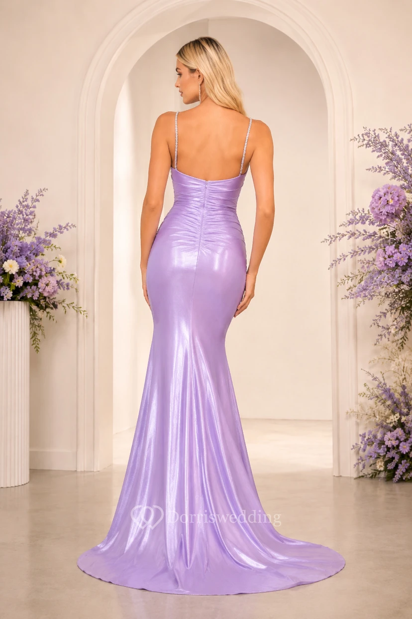 Lavendelfarbenes Meerjungfrauen-Abendkleid aus Stretch-Satin mit Wasserfallausschnitt für Abschlussball, Abendveranstaltungen und formelle Empfänge view 2
