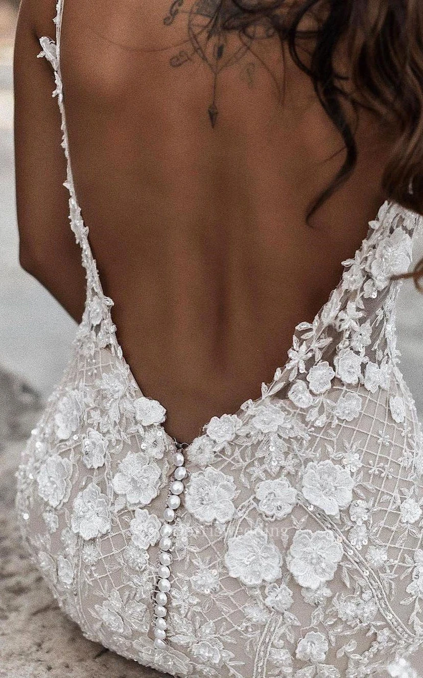 Strapped V-neck Beach Sheath Mermaid Lace Deep-v Back Wedding Dress view 2