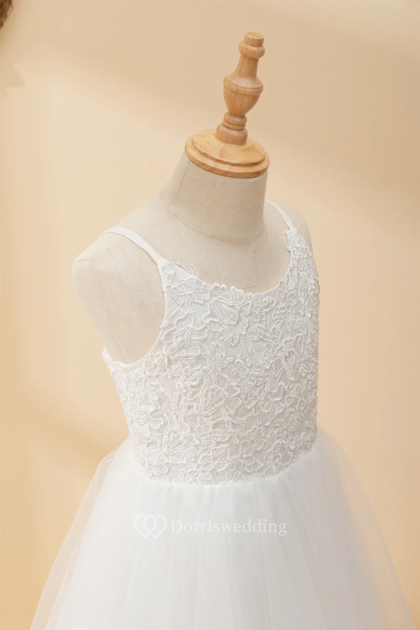 Casual Spaghetti Lace Top A-line Flowergirl Dress with Tulle Skirt view 7