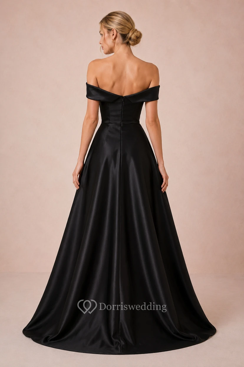 Evening Gown Black Satin A-Line Off Shoulder Short Sleeve Floor Length view 2