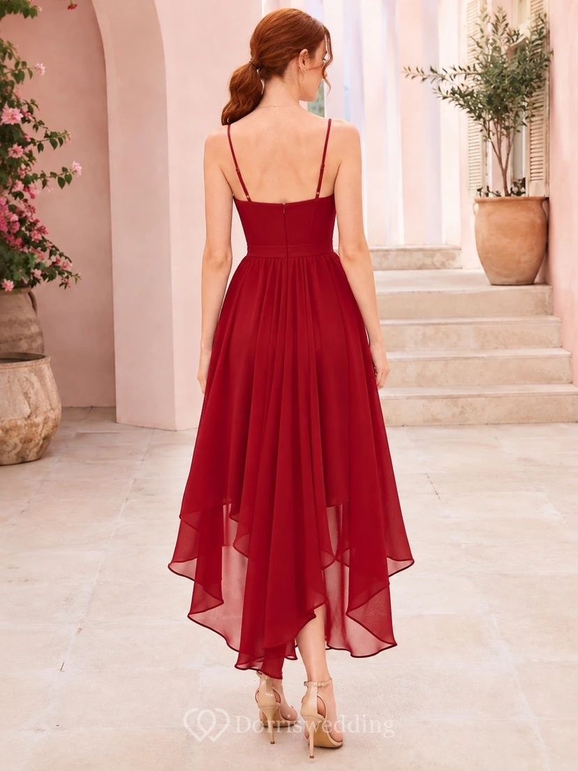 Rubinrotes Chiffon-Abendkleid mit asymmetrischem Saum, herzförmigem Oberteil, drapierter Taille, gestuftem Rock und fließendem Saum view 2