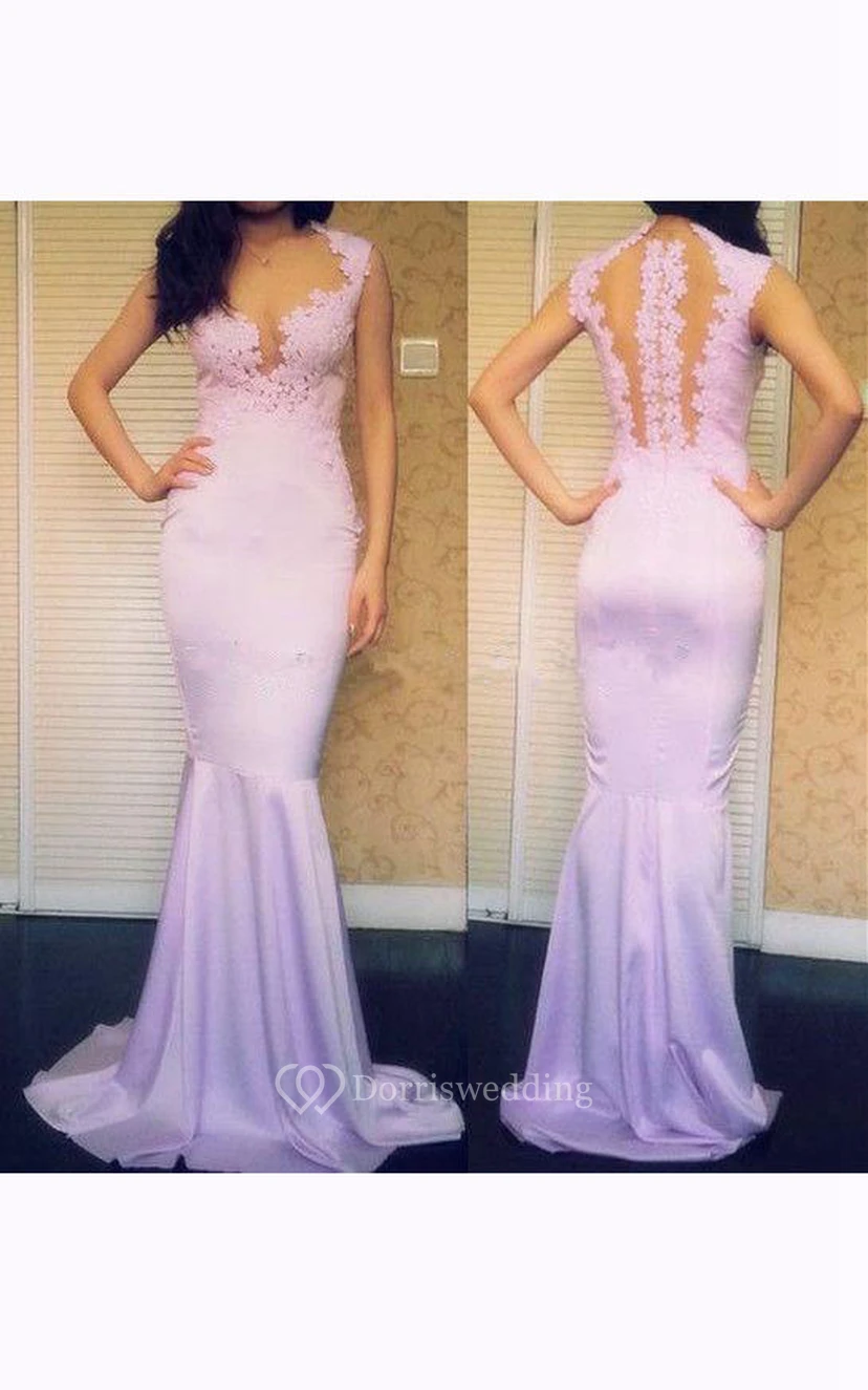 Cap-sleeved V-neck Mermaid Chiffon Dress with Lace
