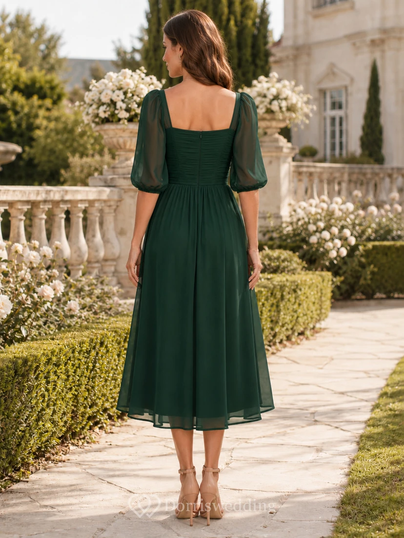 Dark Green Square Neck Puff Sleeve Chiffon Tea Length Guest Dress view 2
