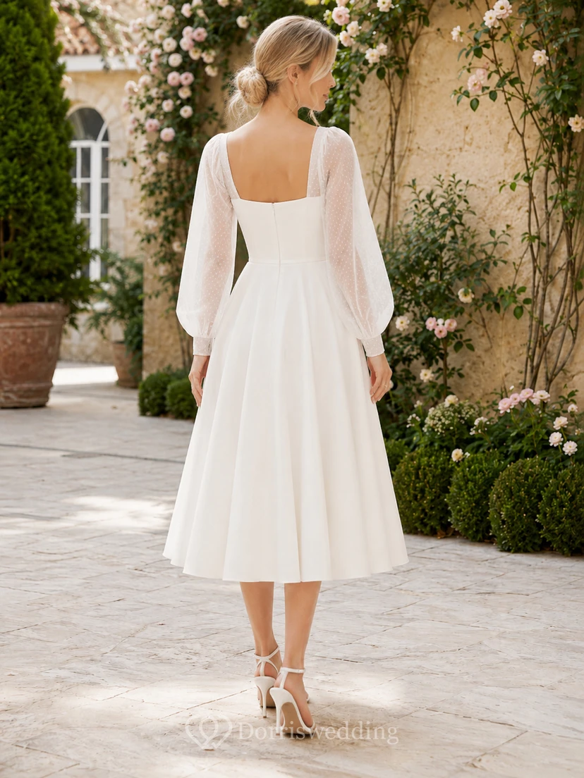 Romantic Sweetheart Sheer Bishop Sleeve Tea Length Garden Wedding Dress view 2