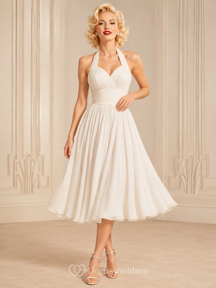White Halter Sweetheart Backless Pleated Satin Vintage A-Line Tea Dress