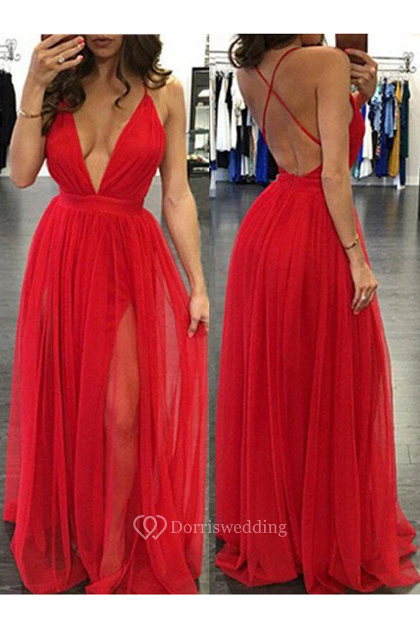 A-Line Chiffon V-neck Sleeveless Straps Dress view 3
