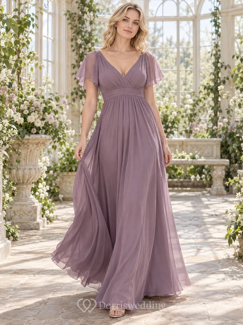 Vestido de dama de honor de gasa con escote en V, mangas con volantes y corte en A, color malva estilo Regencia