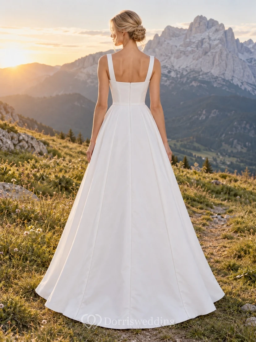 Schlichtes, eckiges Brautkleid mit Satin-Trägern und fließender A-Linien-Form, bodenlang view 2