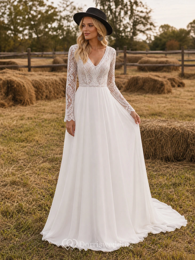 Courtry V-neck Long Sleeve Chiffon Simple Boho Wedding Dress with Lace Top
