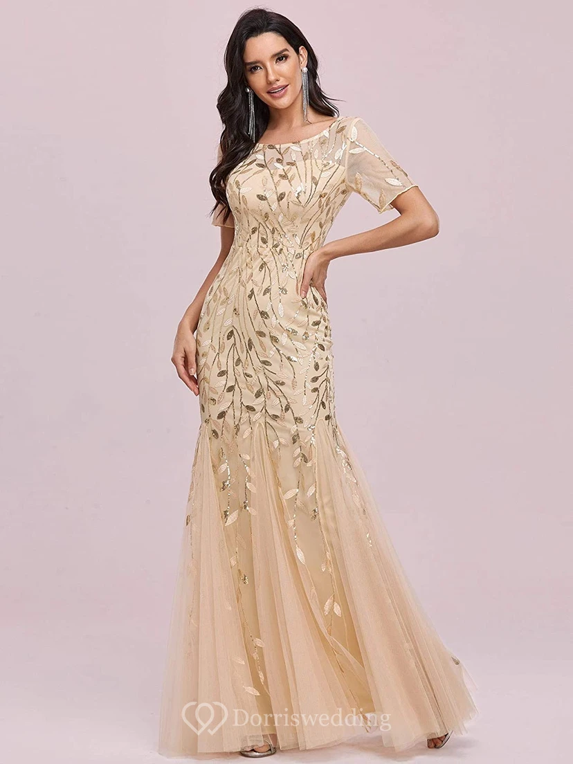 Vestido de sirena vintage de manga corta, largo hasta el suelo, de tul con lentejuelas y pliegues. view 5