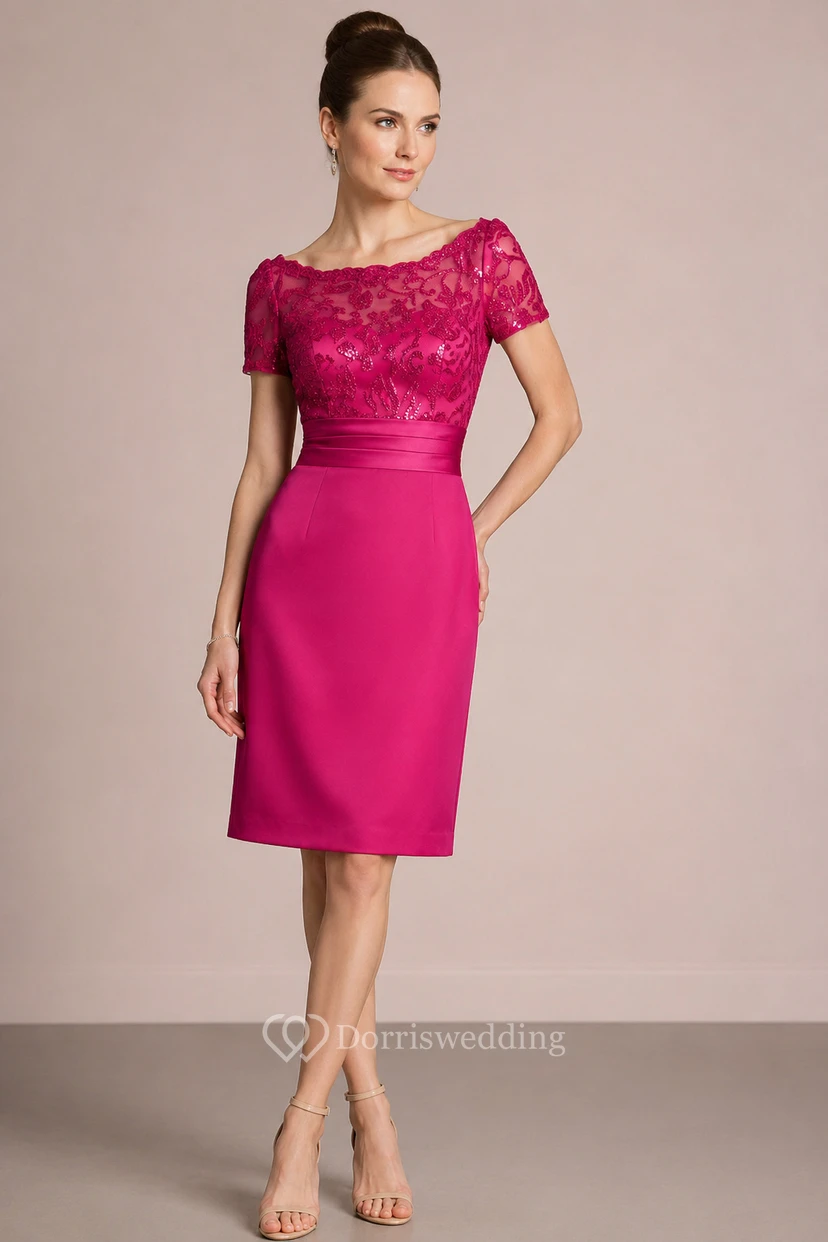 Short-Sleeved Knee-Length Mother Of The Bride Dress With Sequins And Illusion Style view 7