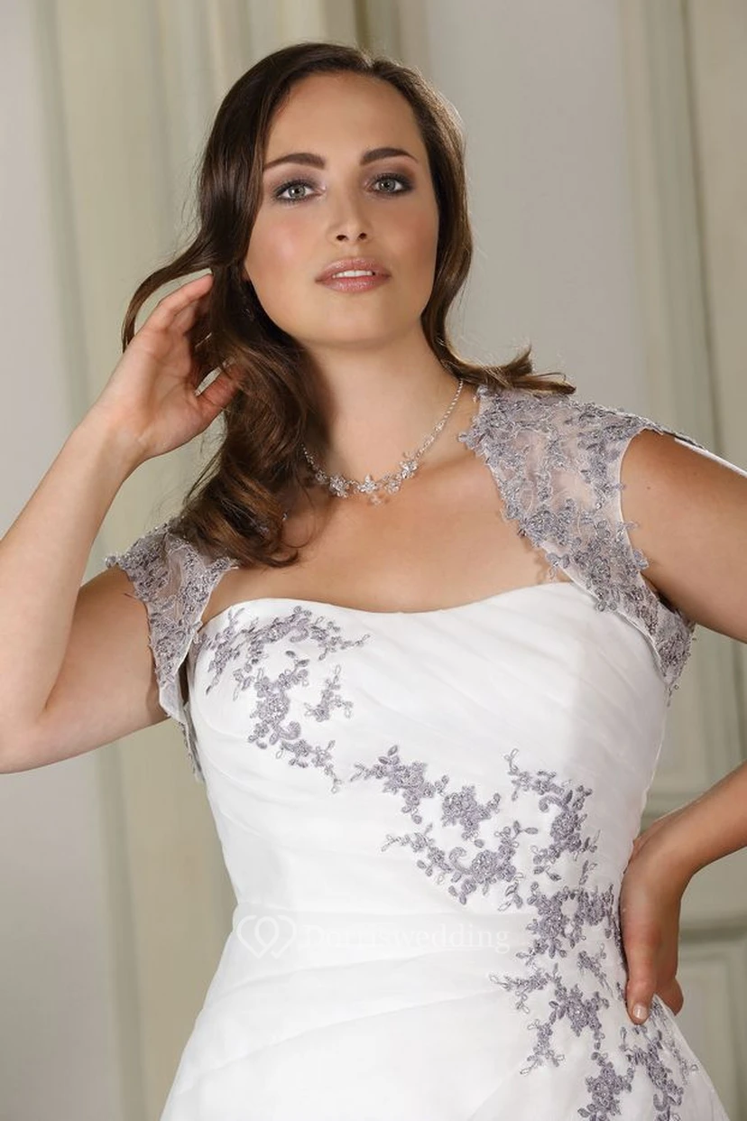 A-Line Floor-Length Queen Anne Satin Sweep Train Side Draping Dress view 2