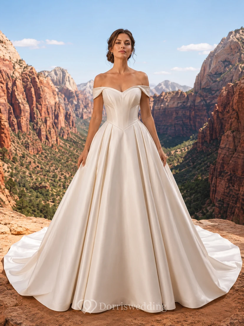 Robe de bal en satin à épaules dénudées et décolleté cœur, traîne chapelle, robe de mariée style canyon